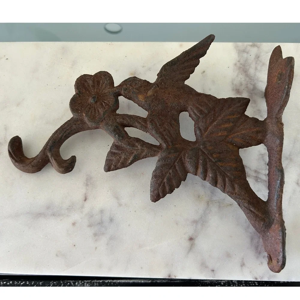 Vintage Cast Iron Hummingbird Wall Hook Rustic Brown Floral Garden Decor 7.5in